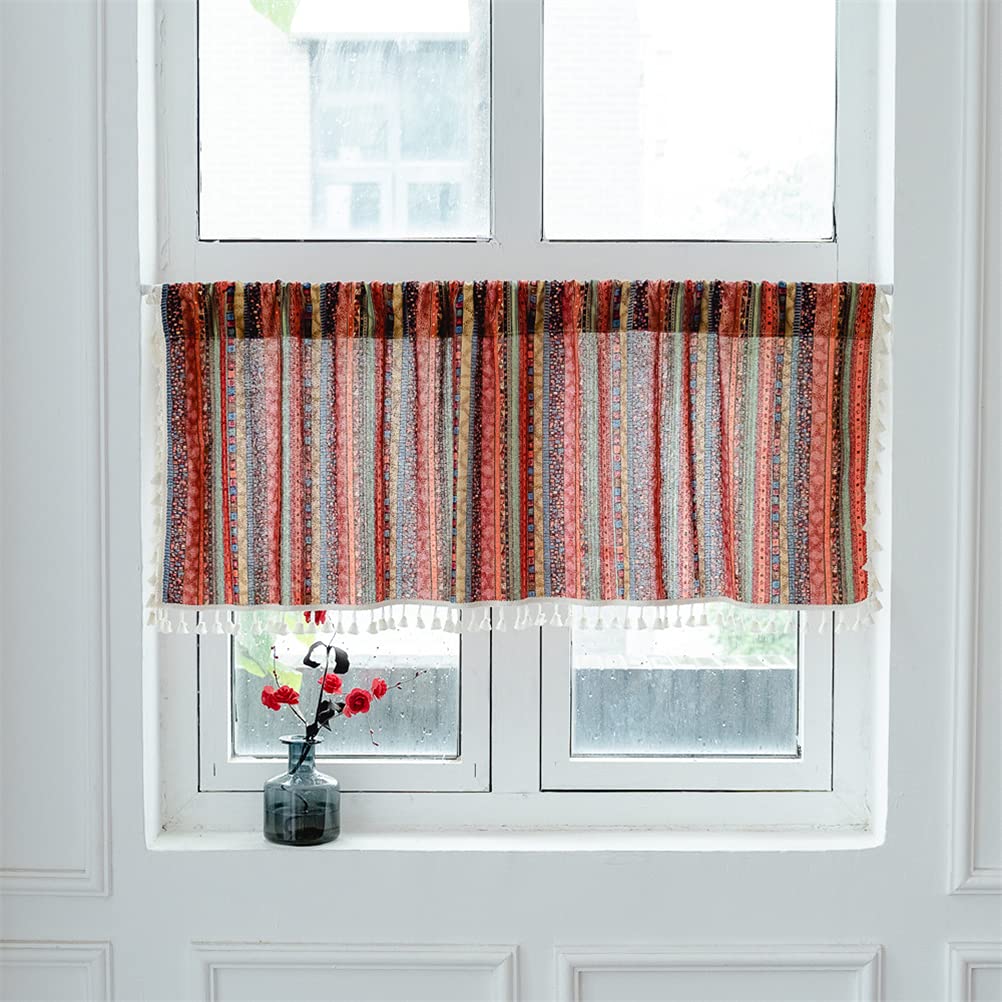 ACMHNC Zazdrostka w stylu vintage, boho, do kuchni, w stylu wiejskim, bistro, bawełna, len, krótka firanka z frędzlami, do kawiarni, do salonu, dekoracja okienna, 1 sztuka, czerwona, szer. x wys. 150 x 180 cm