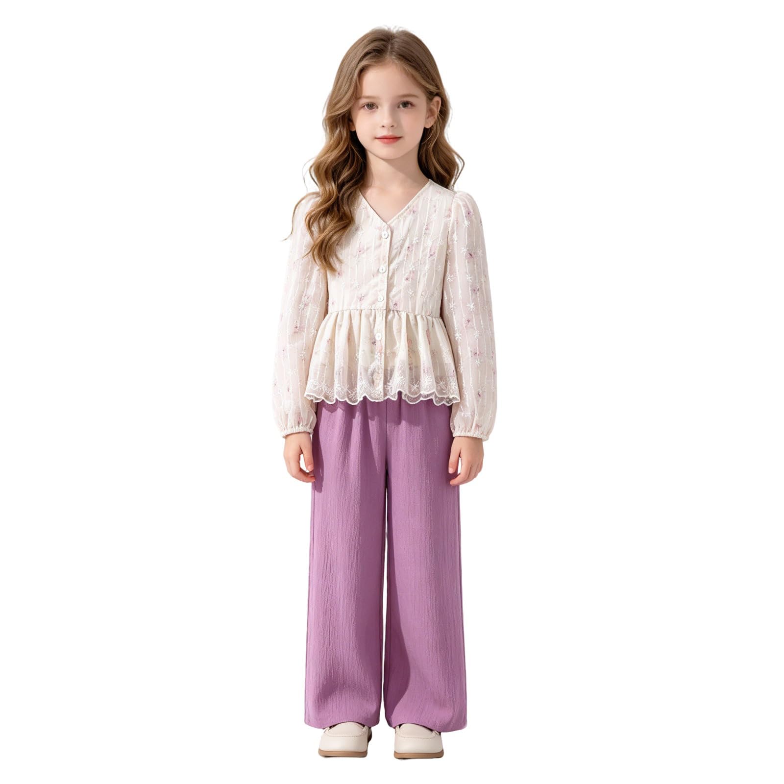 Conjunto de blusa de encaje para niña, top liso holgado informal con pantalones largos de pierna ancha.