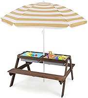 Vista 13 de HONEY JOY Mesa de picnic para niños, mesa de madera de cedro 4 en 1 para arena y agua con 2 cajas extraíbles y paraguas, mesas de picnic para niños