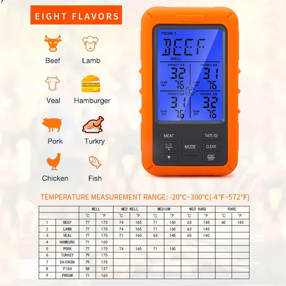 Termometro digitale per carne, per barbecue, con timer, 4 sonde, allarme di temperatura, termometro da cucina (A) facile da usare