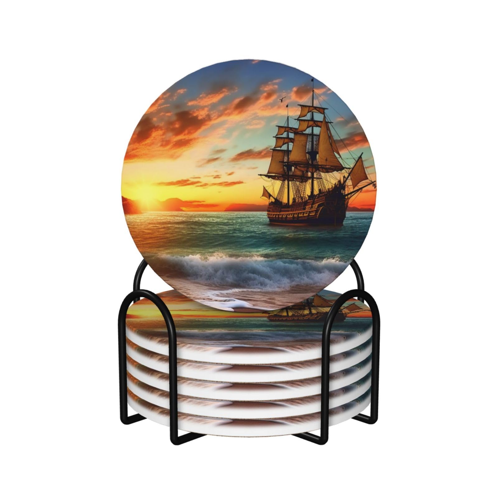6Pcs Ceramics Coaster for Drinks, Pirate Ship in the Sunset Cup Coasters with Holder, Aesthetic Drink Coasters for Coffee Table, Absorbent Round Coaster for Tabletop Protection 4" Cup Mat Pad