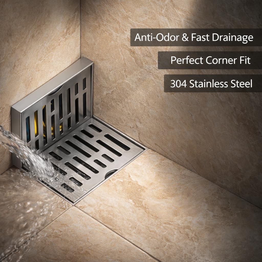 Garosa Side Wall Drain Linear Shower Drain 12cm Wall Corner Floor Drain L Shape Anti Side Stainless Steel Bathroom Balcony Floor Drain for 2.3 Inches Pipes