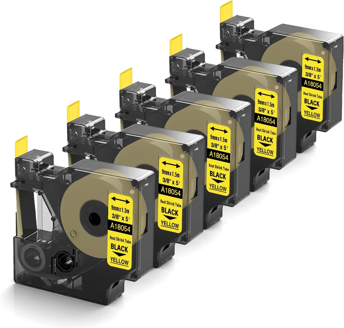 Compatible Label Tape Replacement for DYMO 18054 Heat Shrink Tube Labels, Use with DYMO Rhino 5200 4200 5000 6000 Industrial Label Makers (Black on Yellow, 3/8" x 4.9'), 5-Pack