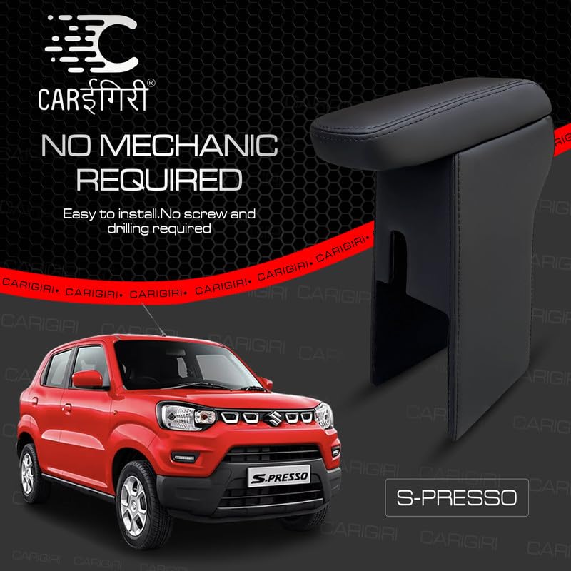 Image of Carigiri Premium Finish Car Armrest with Storage Box And High Density Moulded Foam For Maruti Suzuki S.Presso (Black With Black Double Stitching,Nappa Leatherette)