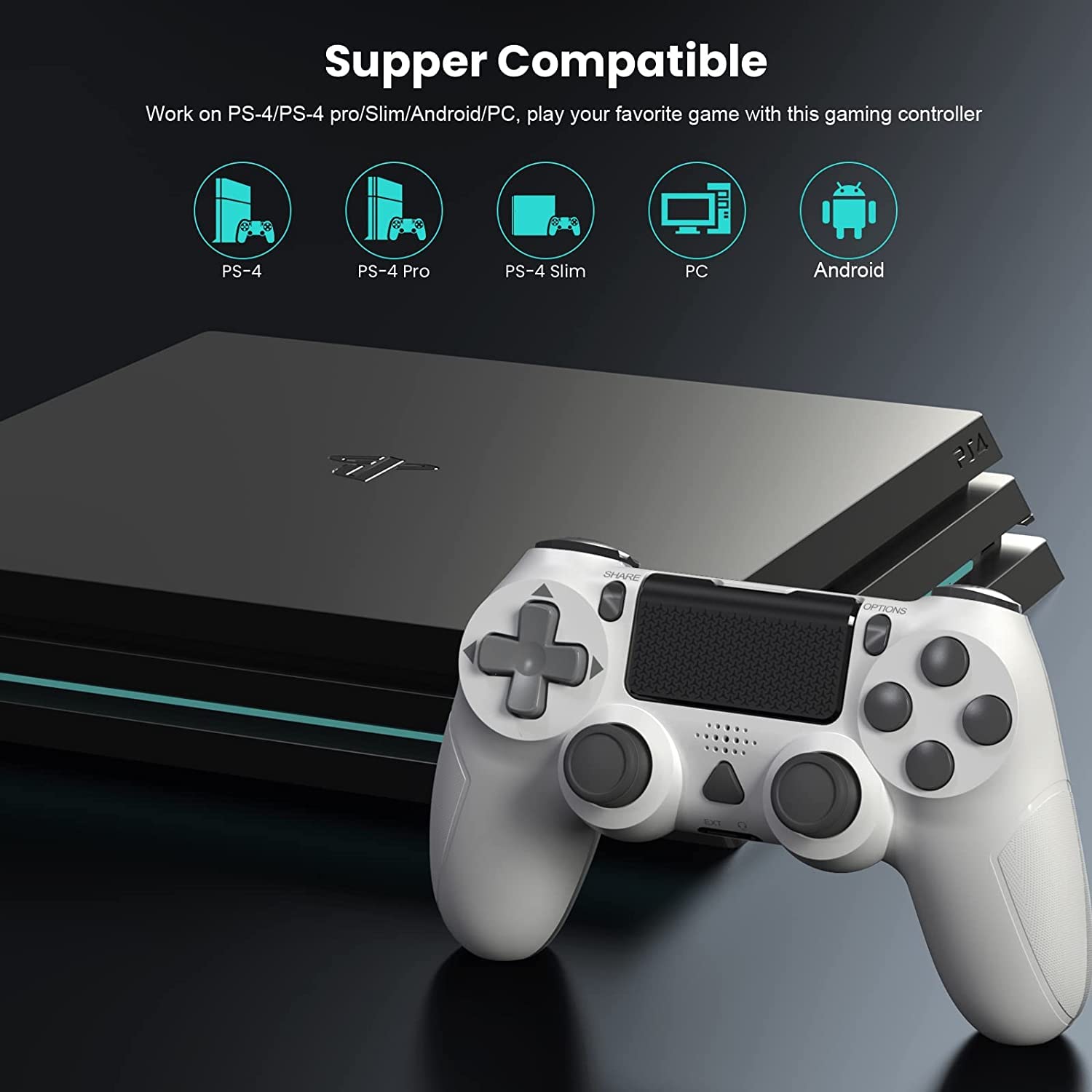 Wireless Controller for PS-4, Wireless Game Controller Joystick for PS-4/PS-4 Pro/PS-4 Slim Console with Dual Vibration/6-Axis Gyro Sensor Function (White)