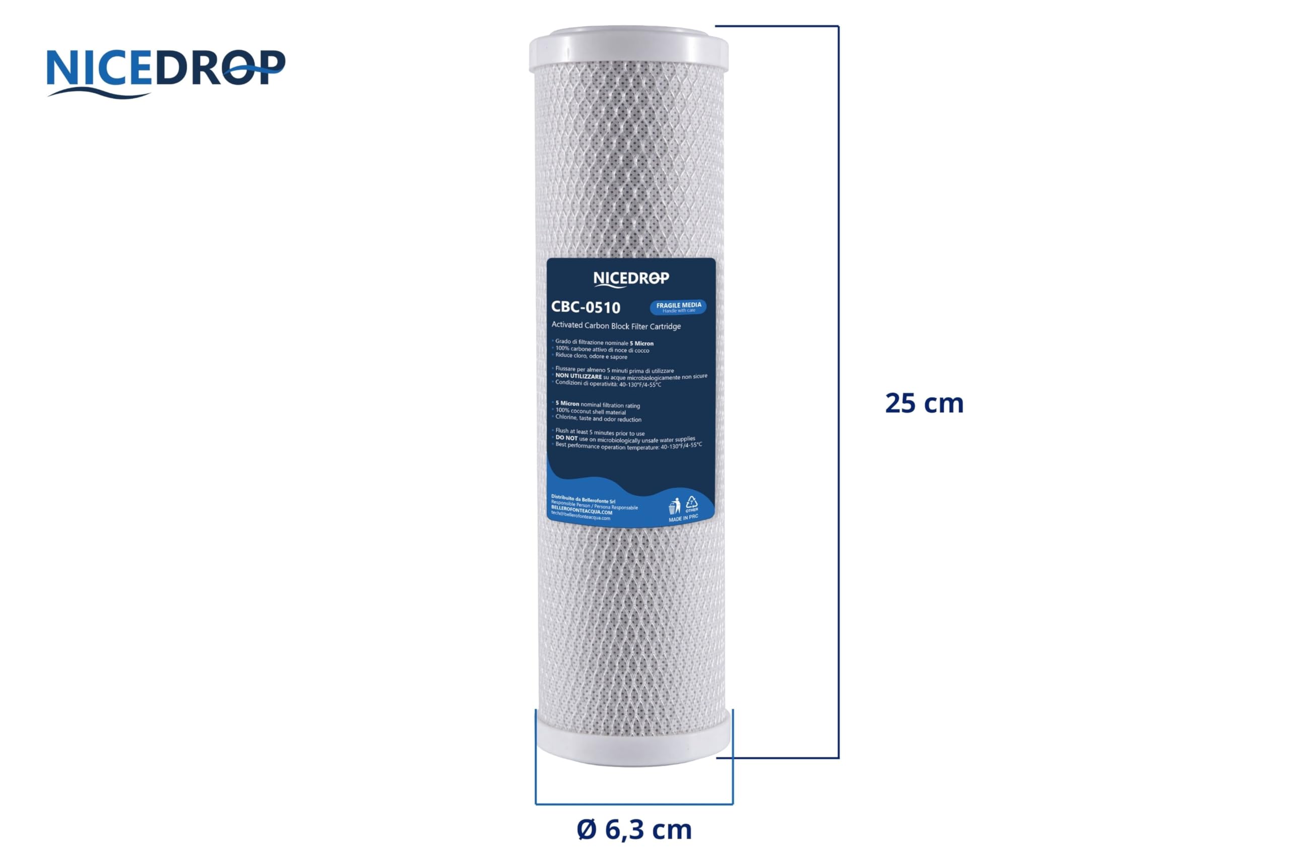 Carbon Block CTO 10" 5 Micron Filtro Acqua per Sistemi ad Osmosi Inversa - Carbone Attivo - Rimuove Sostanze Organiche - Sedimenti - Metalli - Pesticidi - Inquinanti - Cloro (6 Pezzi)
