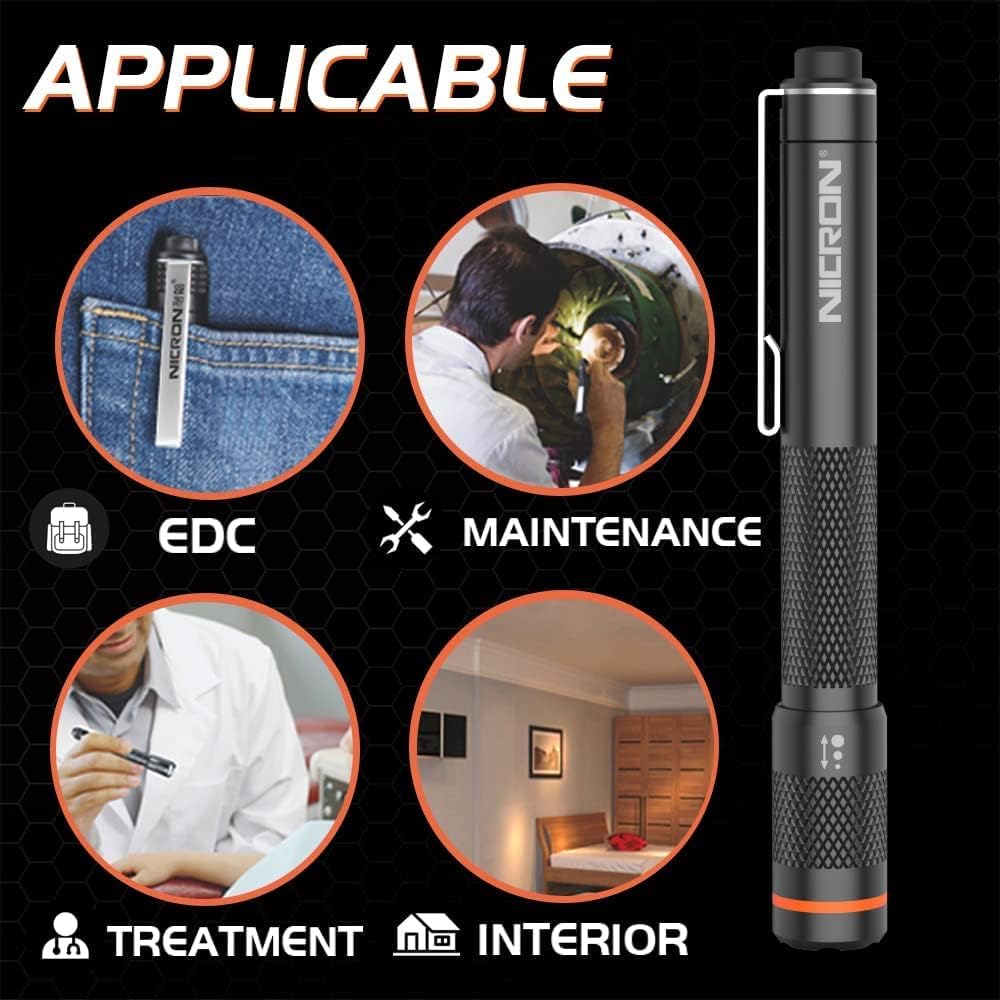 Multiple scenarios showing the NICRON B22W Pen Light in use for EDC, maintenance, medical, and indoor lighting