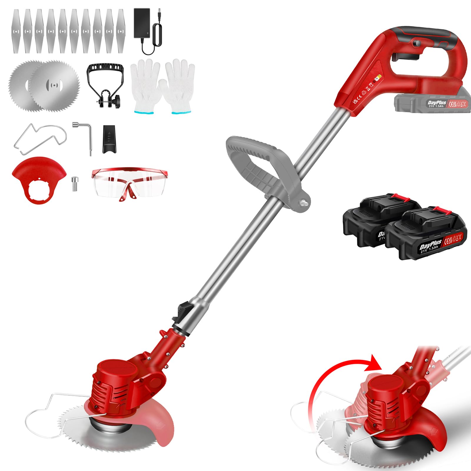 Débroussailleuse Electrique sans Fil, 21V Coupe Bordure avec 2 Batteries et Lames, Débroussailleuse à Batterie pour la Coupe de Jardin, Pelouses et Terres Agricoles (Rouge, avec 2X Batteries)