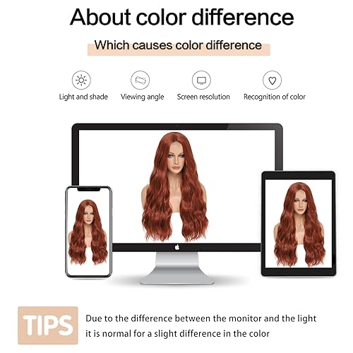 Miniatura 6 de YBYMCAI Pelucas largas onduladas de color castaño rojizo para mujer, peluca roja cobre de 26 pulgadas, peluca sintética rizada natural, pelucas de