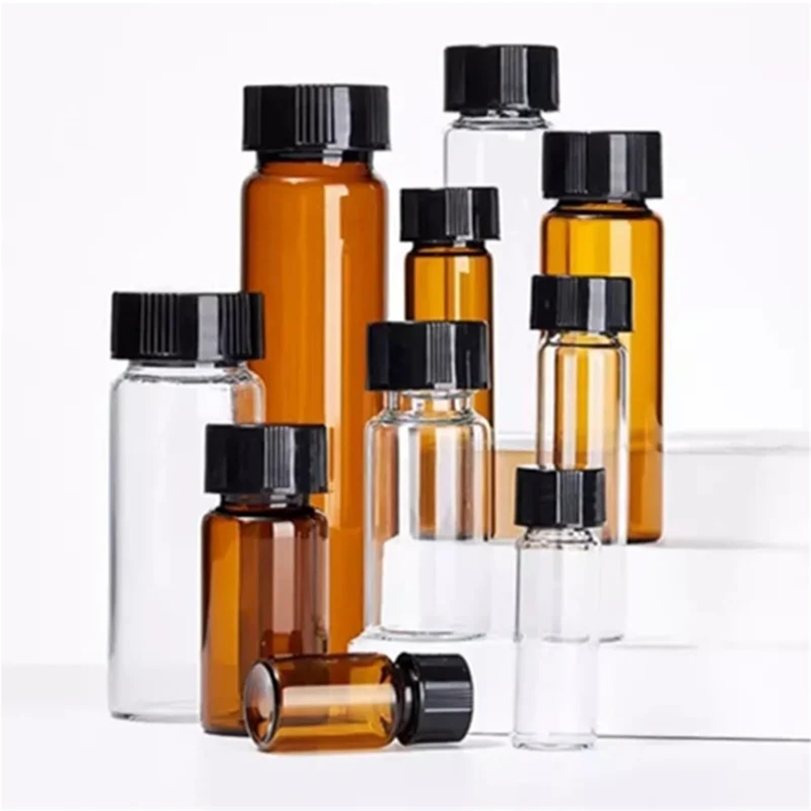 Glas-Probenflasche, 3 ml bis 50 ml klares/braunes Glas, Reagenzfläschchen mit Schraubverschluss aus Kunststoff und PE-Pad(50ml Brown)