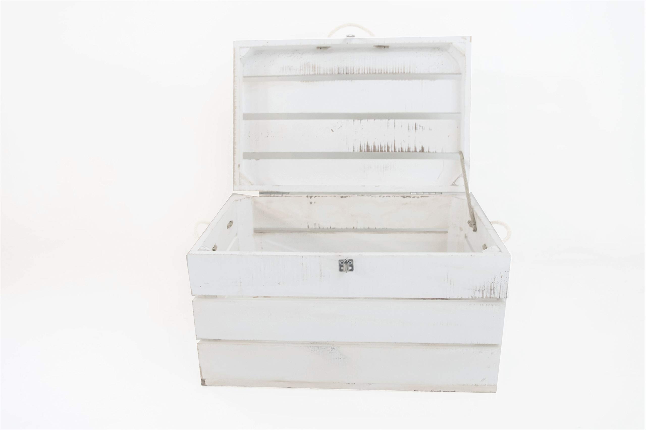 SAM Baúl con Cerradura Blanco Vintage de Madera, Asas Cuerda, Baúl Almacenamiento, 49x32x30cm. Incluye Imán Personalizable de Regalo.