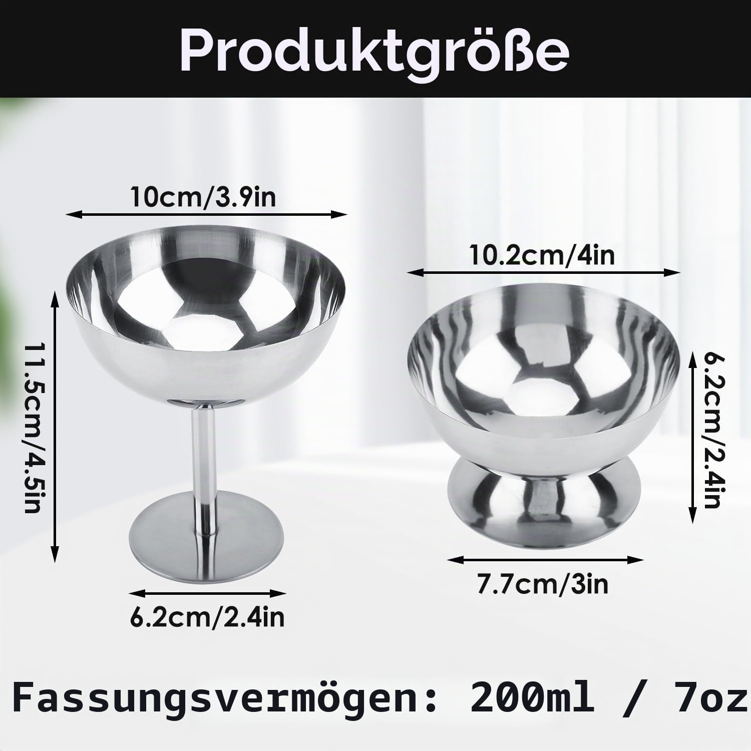 8 Stück Eisbecher Ø 10cm 200ml Edelstahl Dessertschale Cocktail Gläser Dessertschale mit Fuß, Ice Cream Sundae Dessertgläser für Obst Salat Joghurt und Fruchtpudding, für Hochzeiten, Partys(Tall)