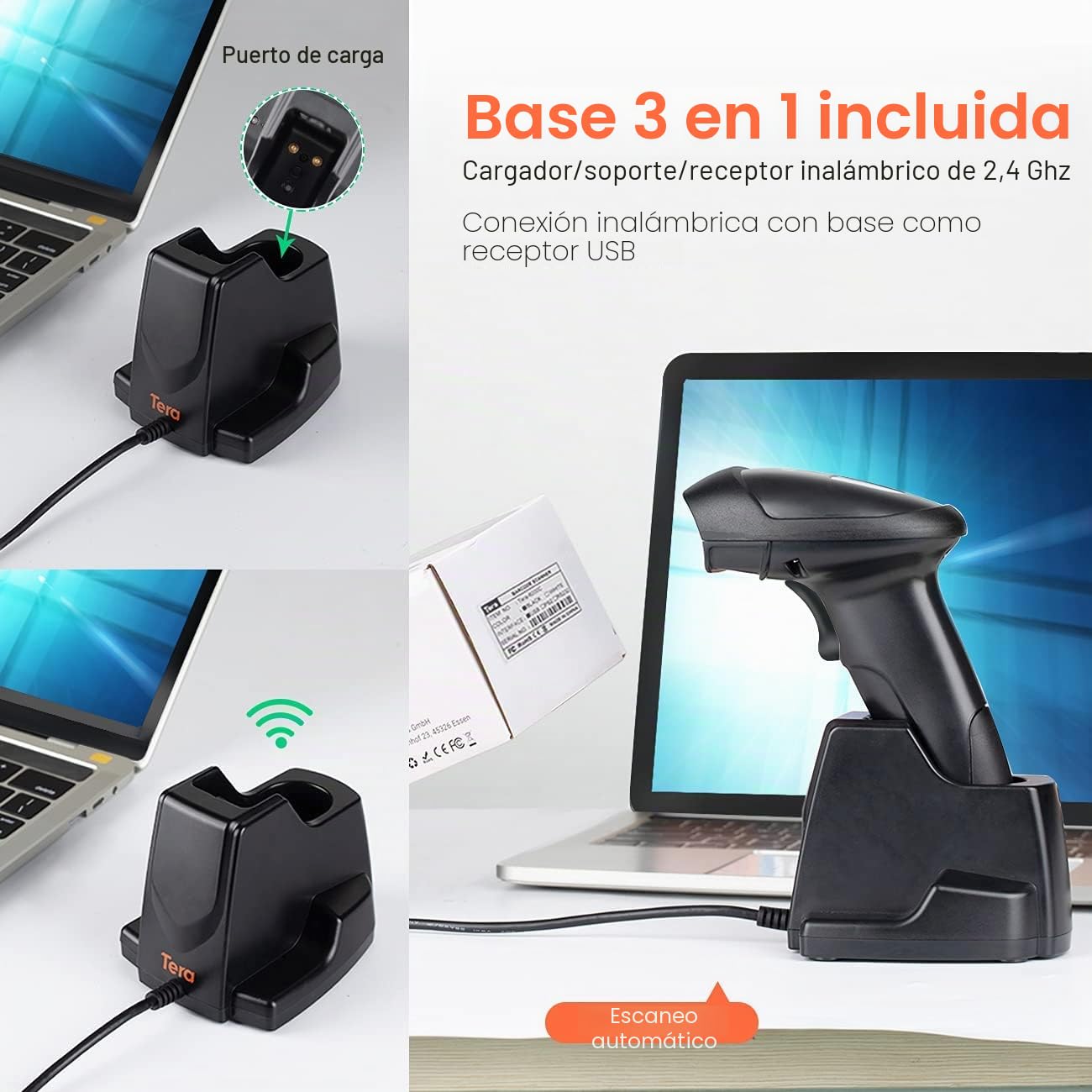 Tera Escáner de código de Barras 2D QR inalámbrico con Base de Carga USB Lector de códigos de Barras de Mano Escaneado rápido y preciso 2D QR 1D códigos de Barras 3en1, D6100-NEW