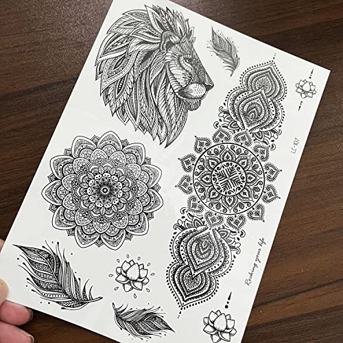 Kotbs 6 Sheets Black Henna Tribal Temporary Tattoos For Women, Waterproof Temporary Tattoo Large Lotus Mandala Feather Tattoo Stickers, Fake Tattoos That Look Real And Last Long Temporary Tattoo #TOP7