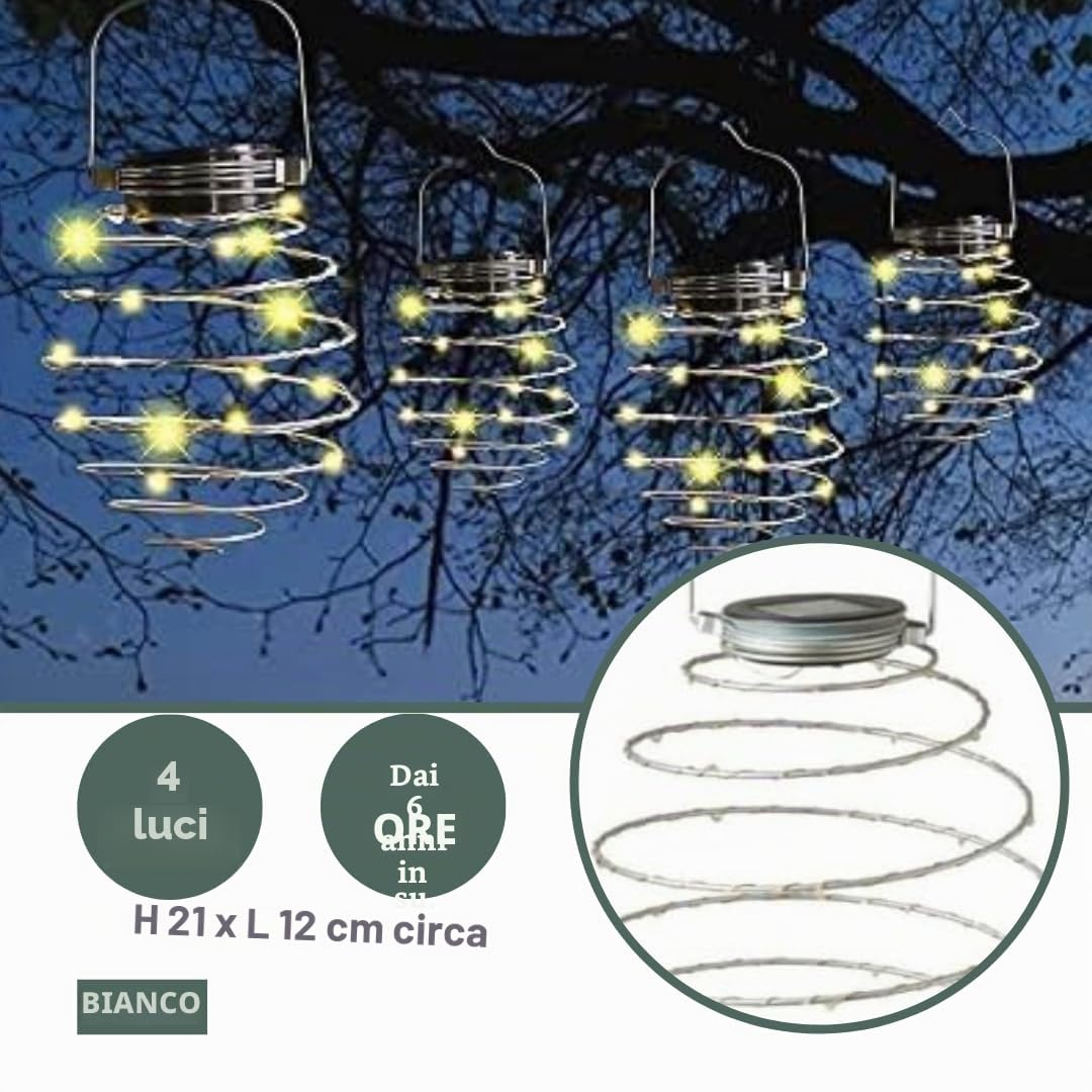 Garden Mile 4x Luci LED Solari a Spirale Illuminazione per Esterni Set di 4 Lanterne da Appendere per Giardino Luci Bianche Calde Luci a Spirale in Rame da Appendere Decorazione Autunnale per Esterni