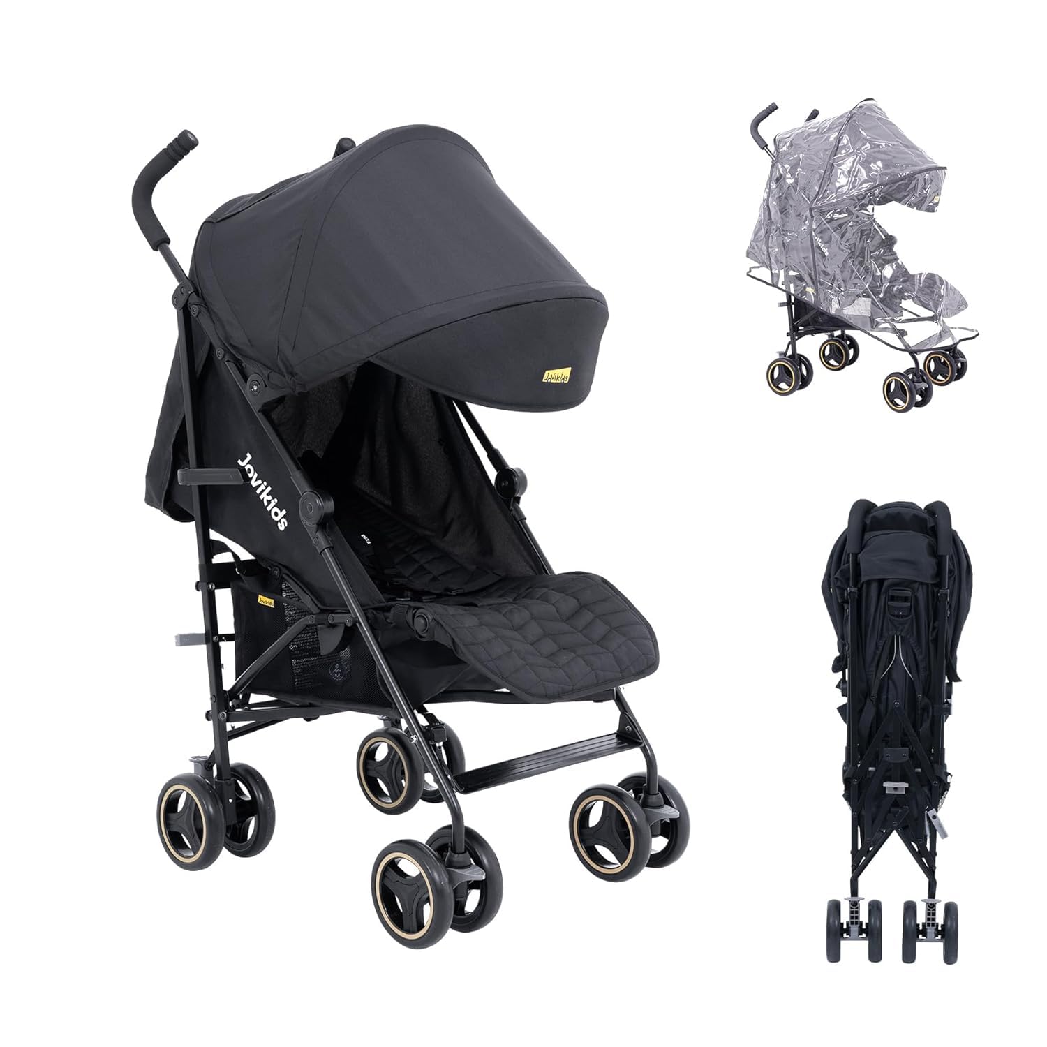 Jovikids Kinderwagen, Buggy Klein Zusammenklappbar mit Liegefunktion, Klappbar Reisebuggy bis 22kg Inkl. Sonnenverdeck, Regenverdeck und Getränkehalter (Grau) (Schwarz)
