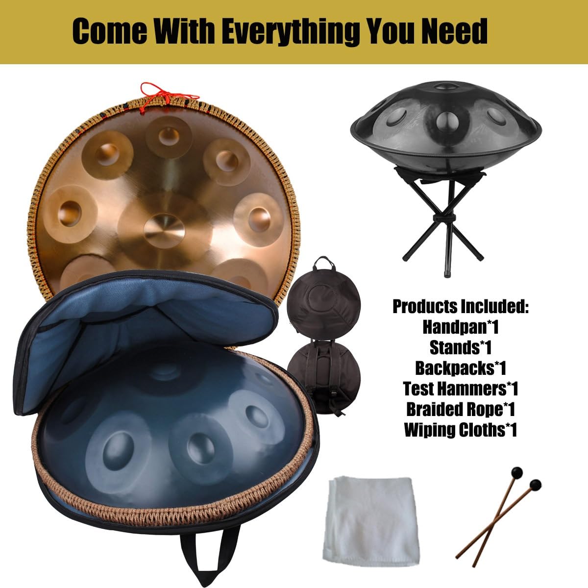 Handpan 9/10/12 note Tamburo a Mano in acciaio con borsa, decorazione corda e bacchette per meditazione, yoga, strumento professionale a percussioni 432Hz/440Hz(Black,10 Notes/440Hz)