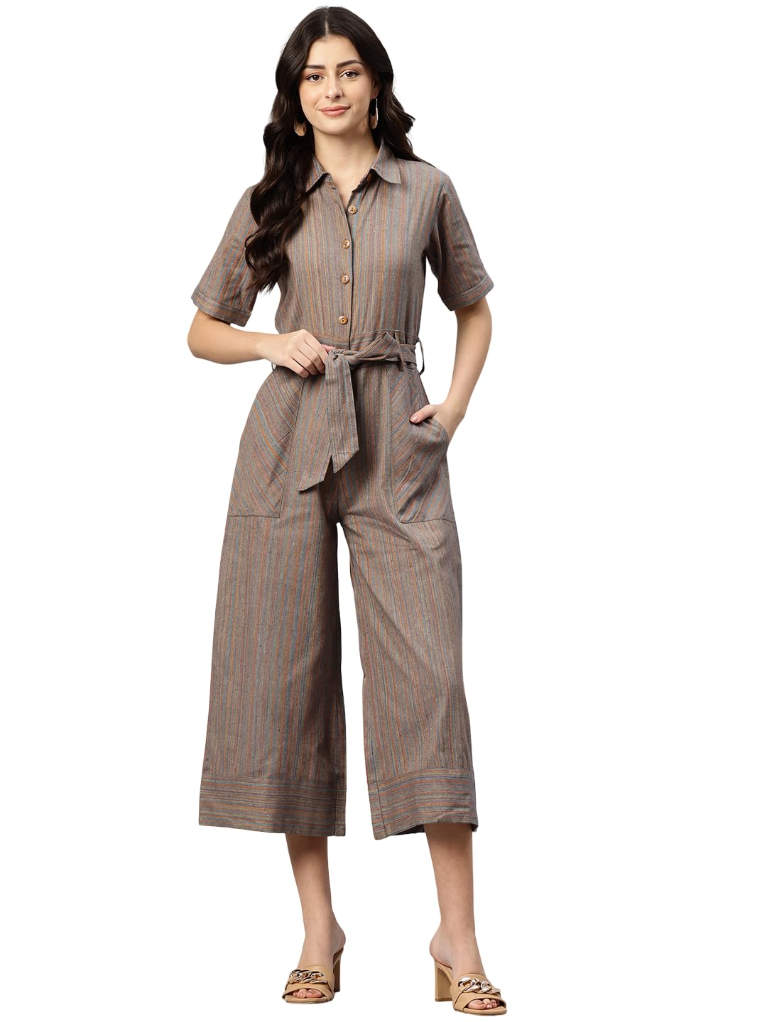 cottinfab Multi Striped Shirt Collar Cotton Jumpsuit-picture-10