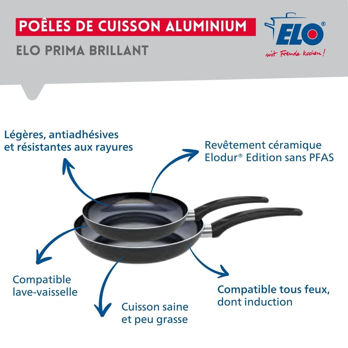 Elo Batterie cuisine 2 poêles 24/28 cm et 2 faitouts 12/16 cm | Cuisson complète en un lot, 4 pièces pour équiper la cuisine, 2 poêles 24 28 cm, 2 faitouts 12 16 cm, Compatible induction