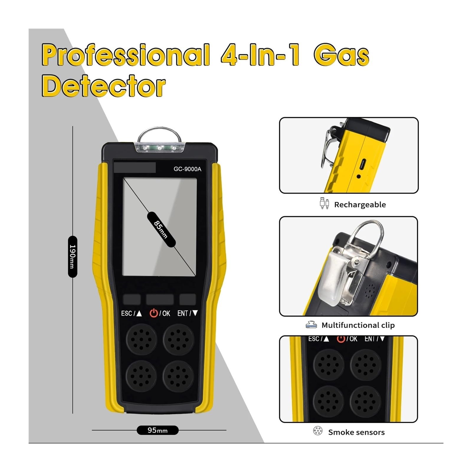 Detector de Gases, Detector de Gas Profesional, analizador O₂ EX H₂S CO, Monitor Calidad del Aire for Seguridad Industrial, Sensor 9000A