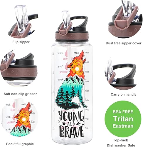 Miniatura 2 de Botella de agua de 32 onzas con popote y marcador de tiempo Tritan sin BPA a prueba de fugas asa de transporte diseño único y fácil de limpiar joven