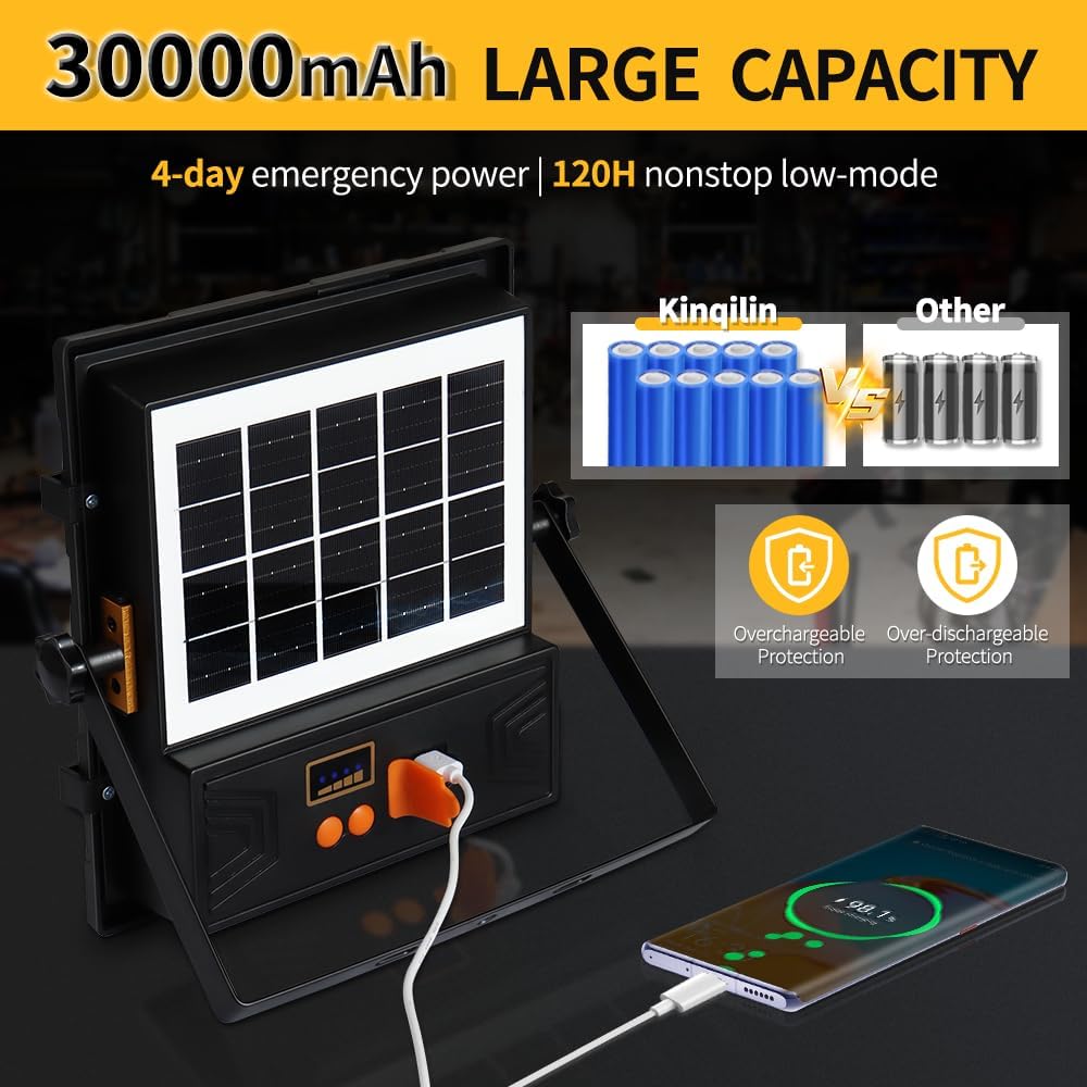 Solar Powered Work Light with 120H Runtime & Remote Control, Led Work Light with Stand 33,000LM LED Flood Light, 360° Adjustable with 5ft Stand for Hurricane, Power Outage, Construction, Camping - Image 4
