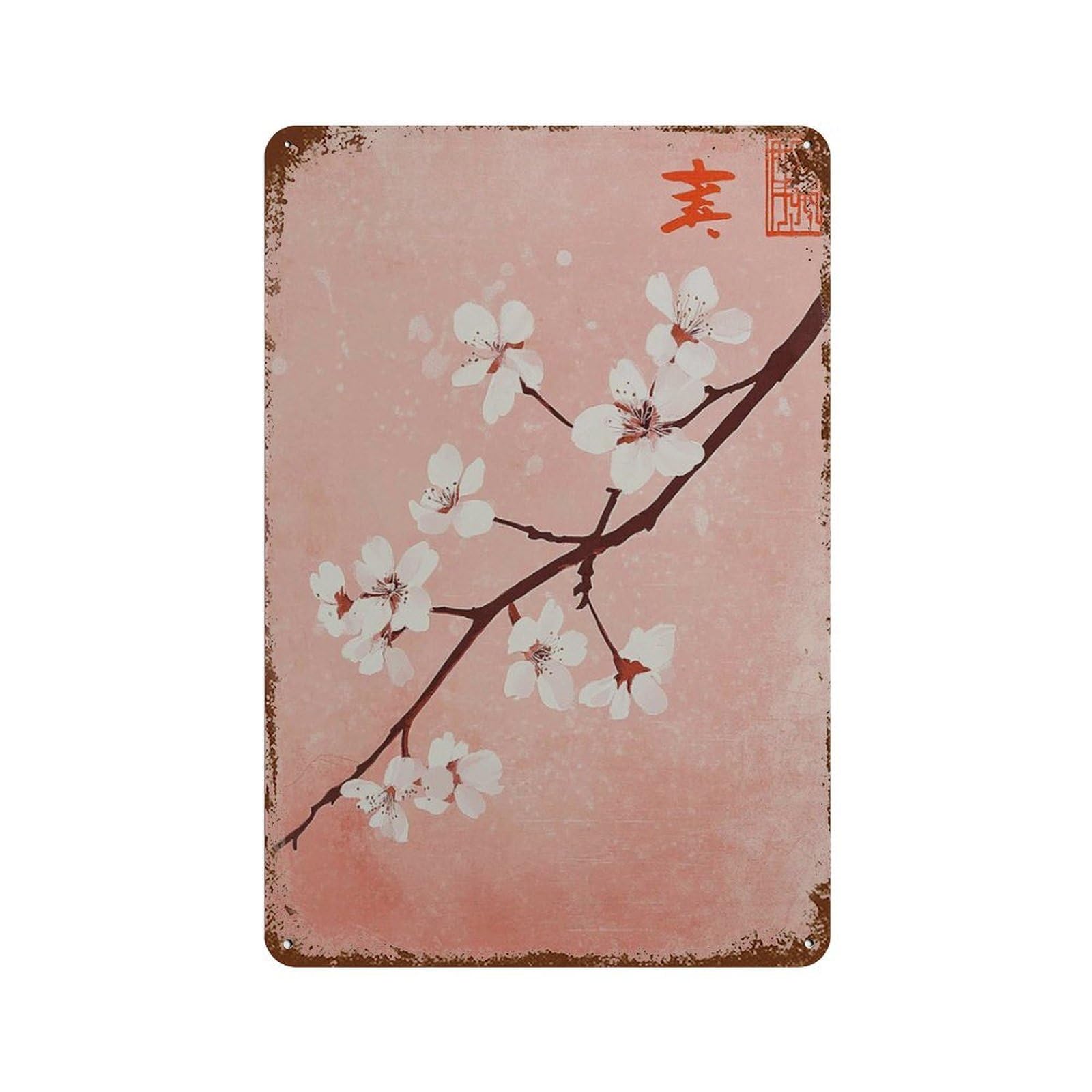 xiaoxiaoshen Cherry Blossom Japanese Sakura Pink Floral Minimalist Zen Asian Inspired Botanic Wall Decor Art Metal Tin Poster Modern Home Decor Art Home Bar Shop Decorations Vintage Sign 30x20cm