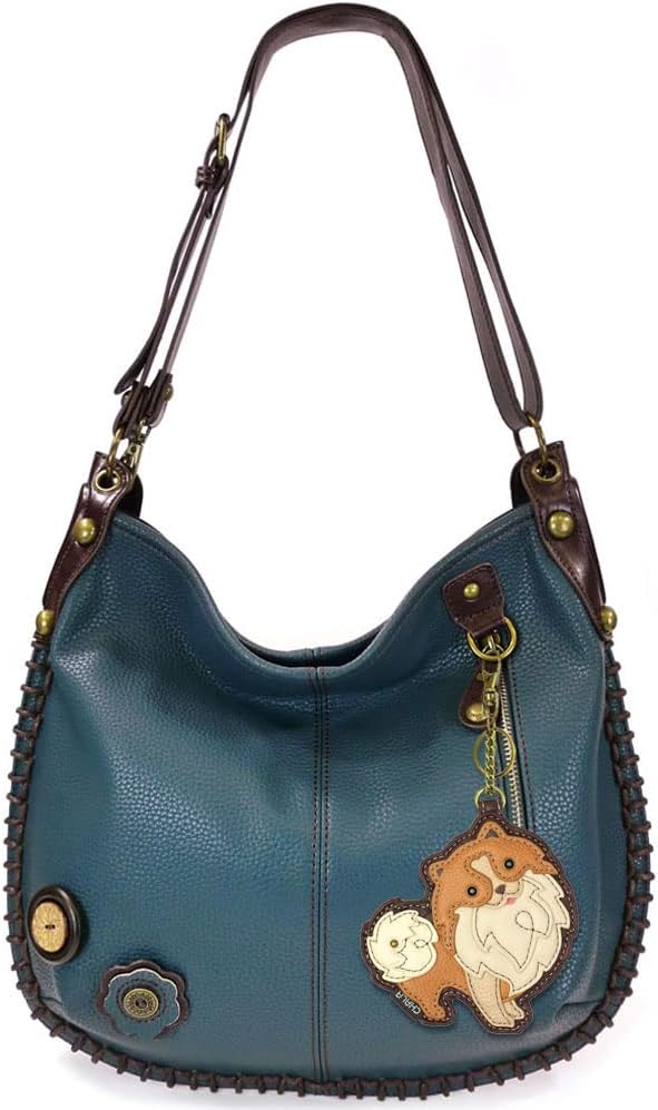 Chala Handbags, Casual Style, Soft, Large Shoulder or Crossbody Purse with Keyfob - Navy Blue (Pomeranian)