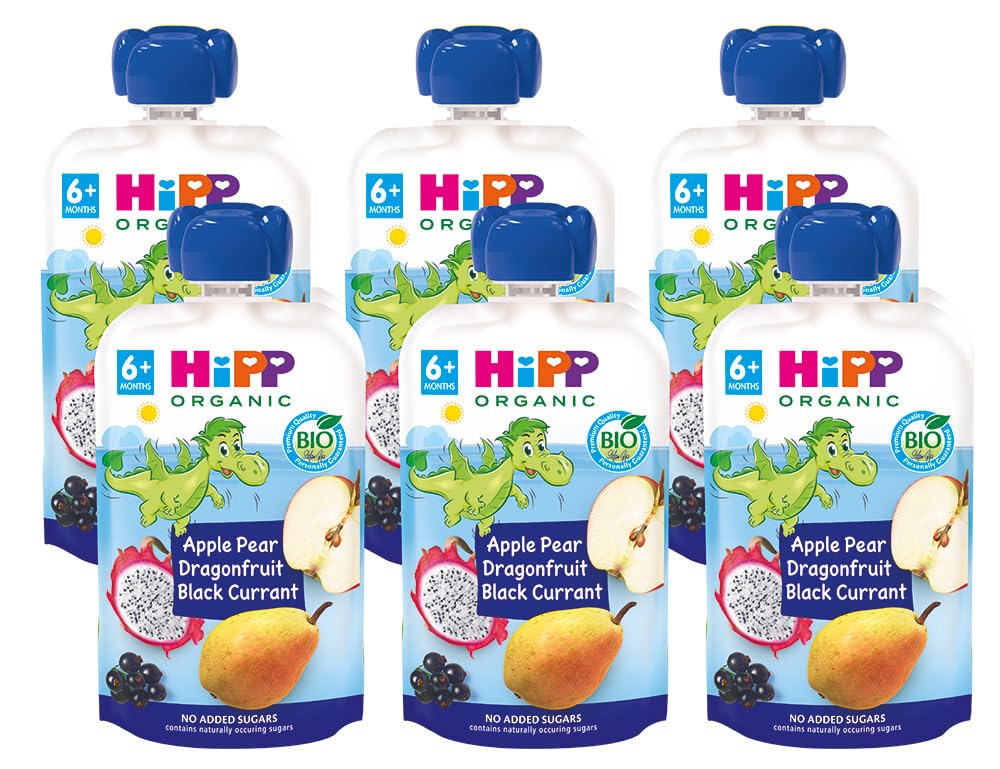 HiPP Biológico - Bolsita Multifrutas - Pouches Dragón de Manzana, Pera, Fruta del Dragón y Grosella BIO - Pack 6x100g - Sin Azúcar Añadido - Apto Para Bebés A Partir de los 4 Meses