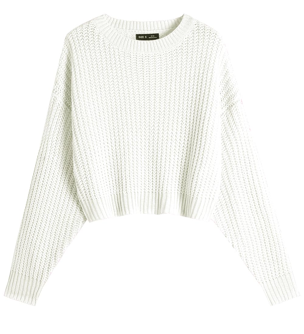 Photo 1 of [MINOR DAMAGE] Ckikiou Spring Fall Crew Neck Batwing Cropped Sweater for Women Lightweight Soft Knitted Semi Short Pullover Jumper Beige