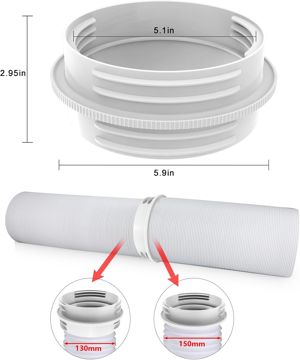 Adaptador Tubo Aire Acondicionado Portatil 130 mm Interior/150 mm Exterior Extensor Tubo Flexible Aire Acondicionado Portátil Adaptador Universal Conector