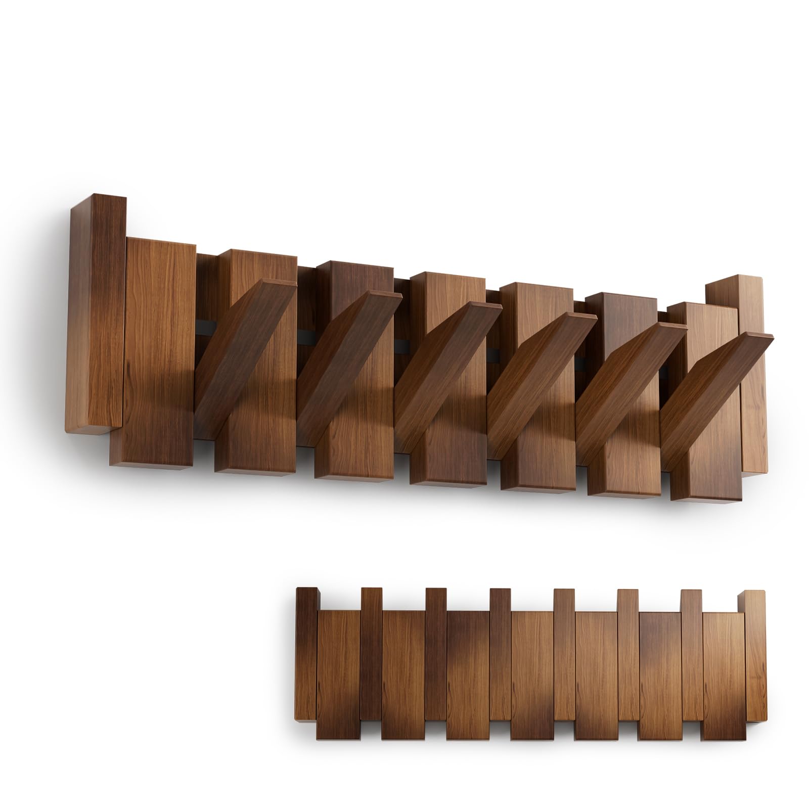 Kiseely Wooden Coat Rack, Wall Mounted Handmade Natural Hook, Space-Saving Coat Hanger with 10 Flip-Down Hooks for Entryway, Bedroom, Bathroom Decoration (Walnut K1, 6 Hooks)