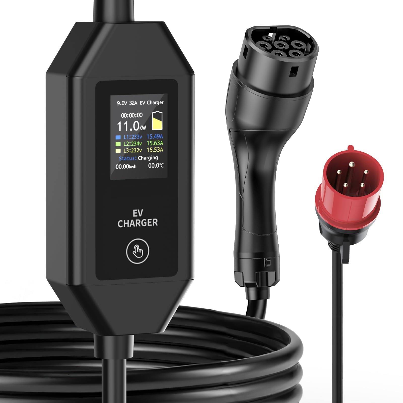 Cargador para Coche Eléctrico de 11 KW 5.5 M, 6-16 A, Trifásico | con Enchufe CEE tipo 2 y Pantalla LCD, Estación de Carga Móvil Portátil Compatible con Tesla/IEC 62196-2