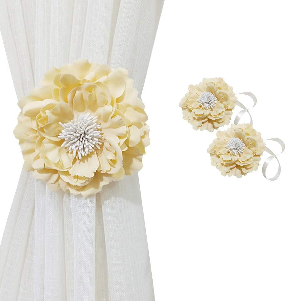 Chictie 2 Piece Large Cloth Flower Magnetic Curtain Tieback Wedding Decorative Holdbacks Rope American Rustic Style Drapery Holder Clip for Girl's Room (Beige Yellow)