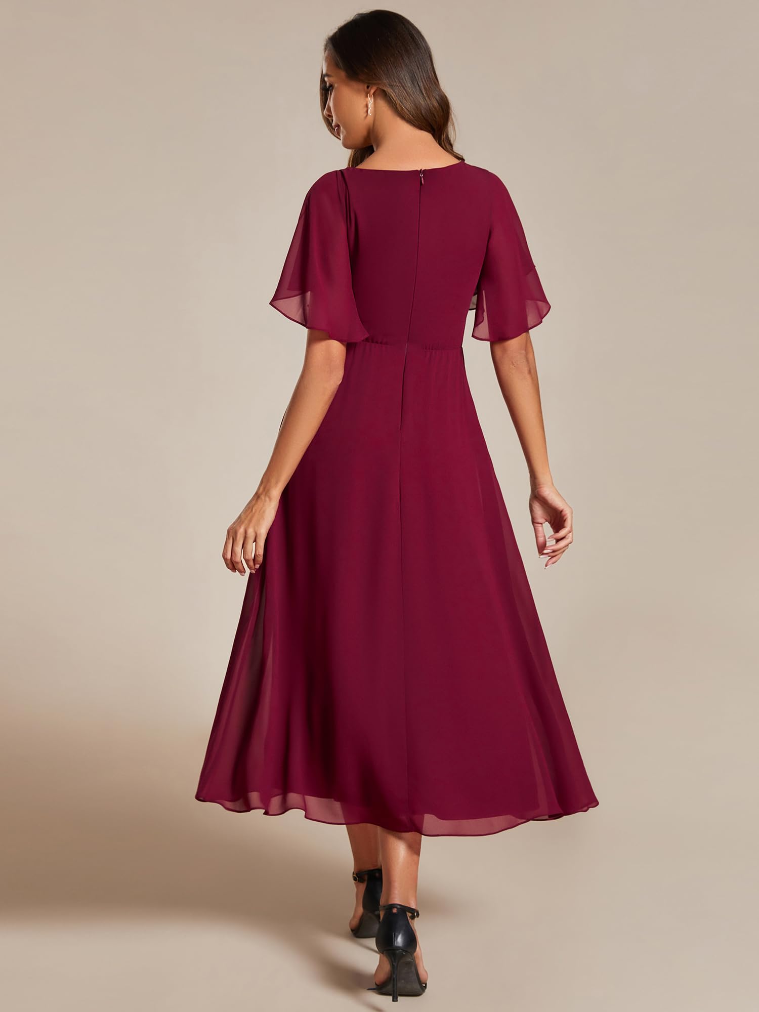 Ever-Pretty Abito da Ospite di Nozze Donna Applique Maniche a Volant Collo a V Stile Impero Chiffon EG02093