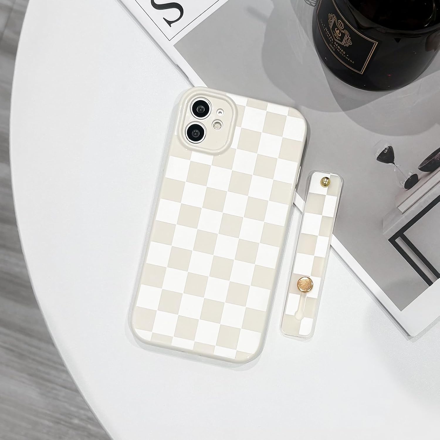 NITITOP Compatible with iPhone 12 Case with Wrist Strap Kickstand Cute Trendy Checkerboard Plaid for Women Girls Slim Fit TPU Silicone Shockproof Full Camera Protective Cover - White - Image 4