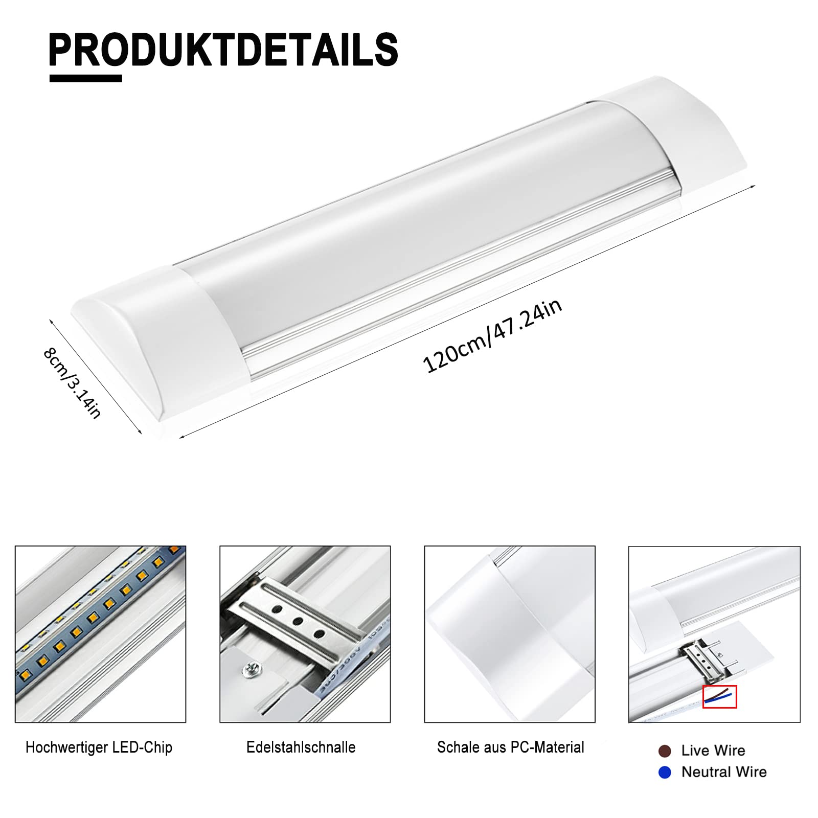 10Pcs LED Feuchtraumleuchte 120cm, 40W 4800LM LED Deckenleucht Röhre Licht, 6500K Werkstattlampe - 2,5cm flach Lampe, 130°Abstrahlwinkel Deckenlampe für Wohnzimmer Badzimmer Küche Garage Büro