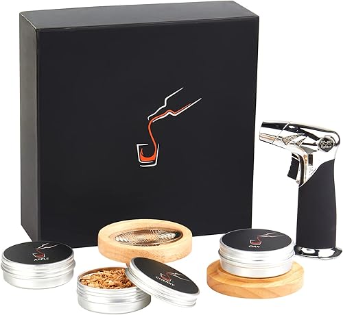 Kit de ahumador de cóctel con antorcha (butano no incluido), 3 tipos de chips de ahumador de madera para whisky y bourbon, kit de infusor de fumador