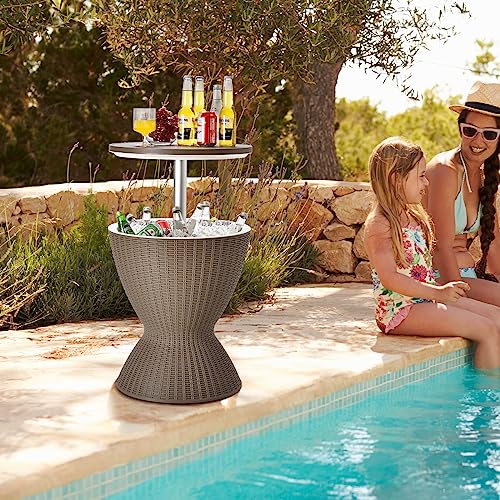 Image of Tangkula Outdoor Cool Bar Table, Rattan Style Patio 8 Gallon Beer and Wine Cooler, All-Weather Ice Bucket w /Height Adjustable Top, Drainage Plug, 3-in-1 Cocktail Coffee Table for Party, Pool (Coffee)