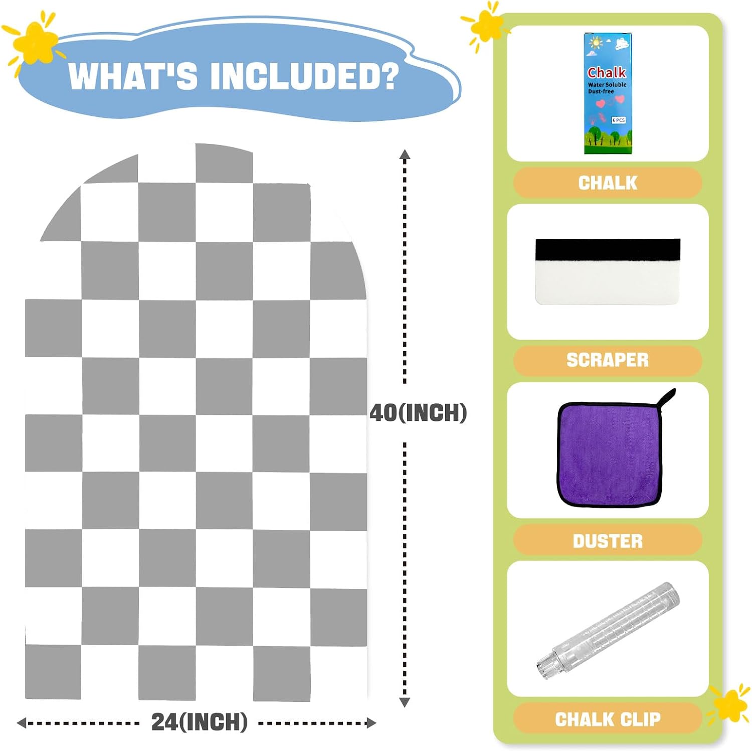 Magnetic Chalkboard Wall Decal 24''x40'' Arch - Removable Reusable Peel and Stick (No Wall Damage) Extra Strong Magnetism - Easy Clean Chalkboard for Home Office Playroom (Grey White Checker)