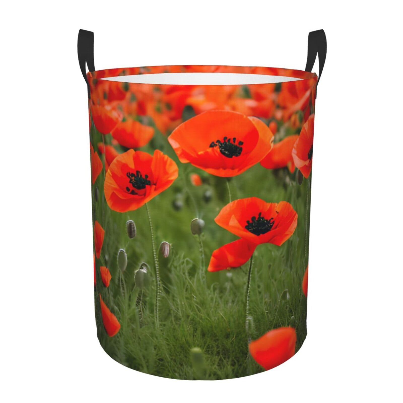 M Collapsible Round Poppy Flowers Petals Print Laundry Hamper