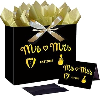 Jaywayang Large EST 2025 Mr & Mrs Wedding Gift Bag with Ribbon and Tissue Paper, 12.6" Black and Metallic Gold Bridal Shower Gift Bags, Engagement, Wedding Shower Party Favor.