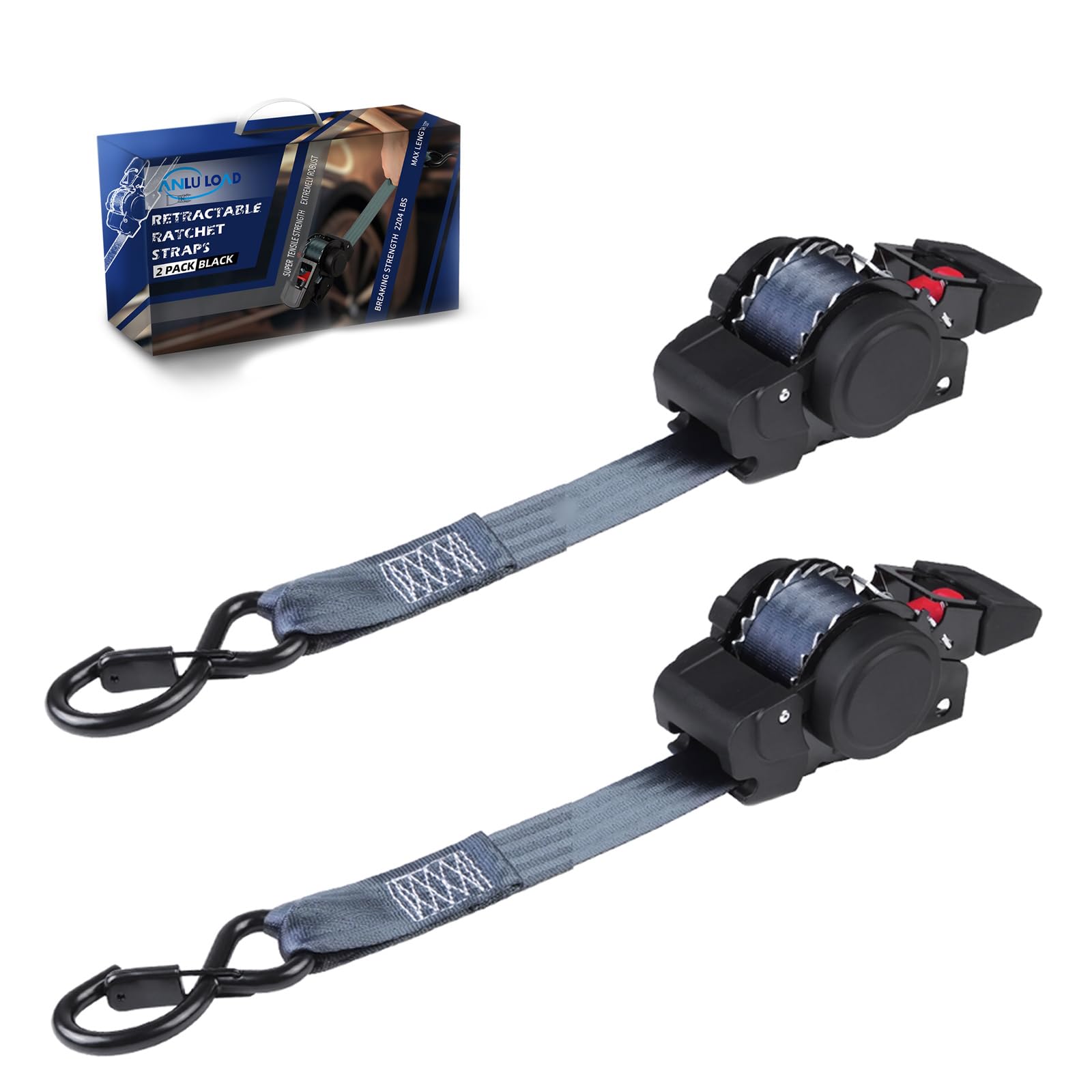 Paquete de 2 correas de trinquete retráctiles (1.5 pulgadas x 12 pies), correas de carga para maletero, motocicletas de garaje, ATV, remolques-WLL1,46.3 kg, BS: 1.0 kg (negro)