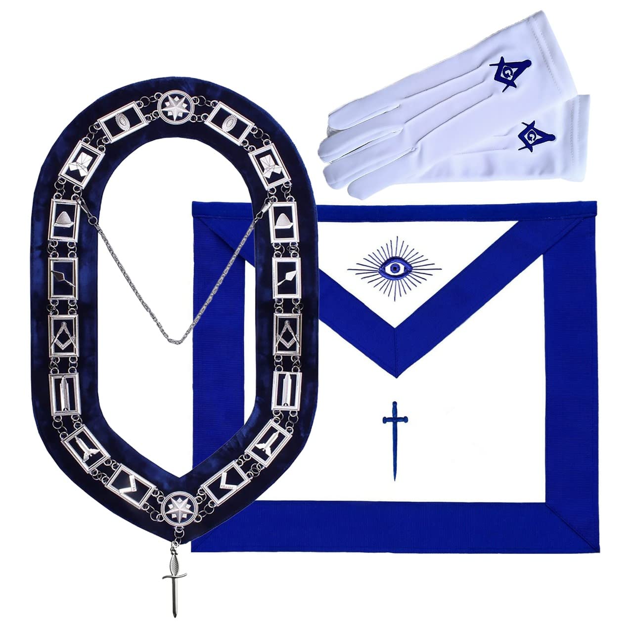 Masonic Regalia Blue Lodge Officer Tyler Apron, Silver Chain Collar & Gloves Set