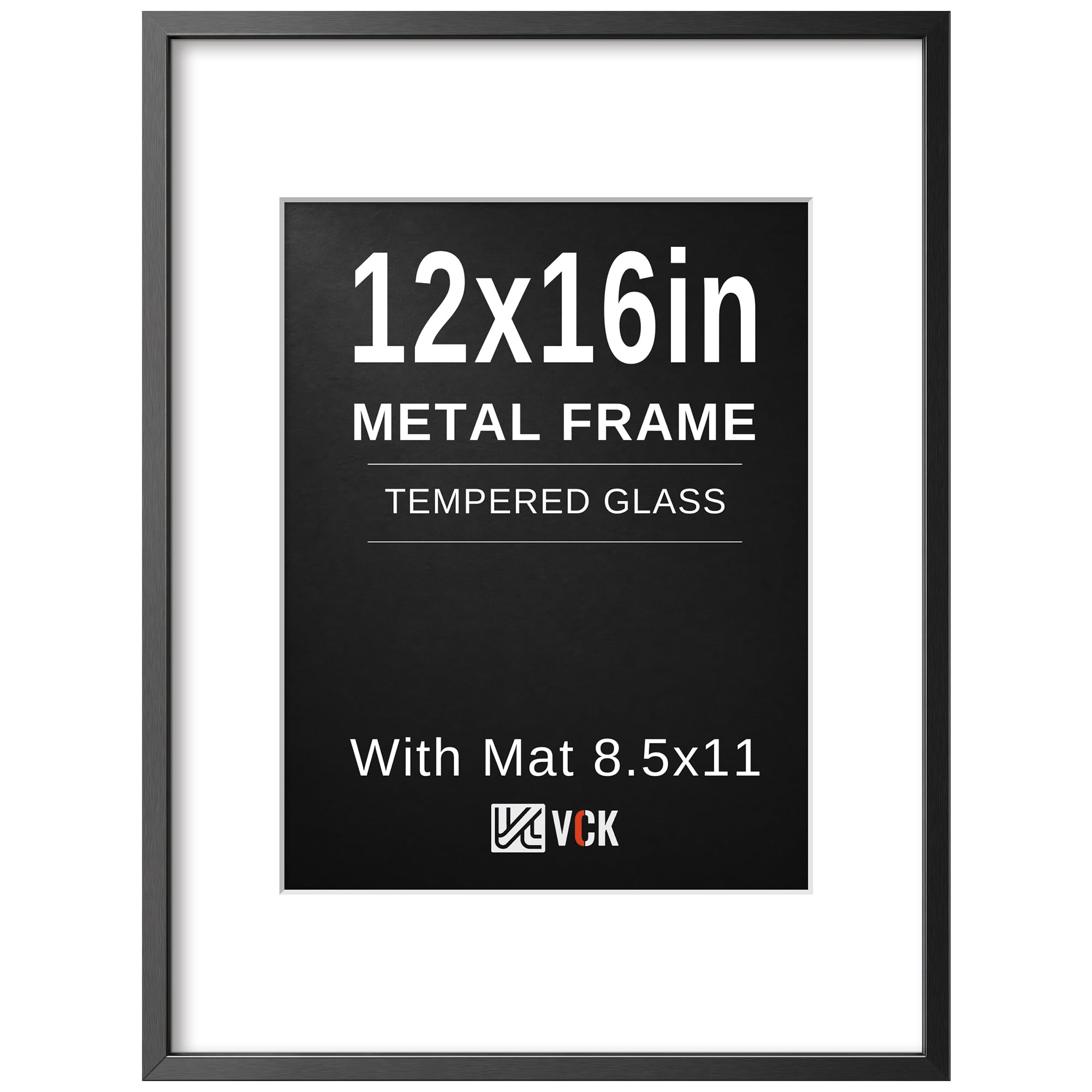 VCK 12x16 Picture Frame Black Metal, Real Glass, 8.5x11 Mat, for Photo