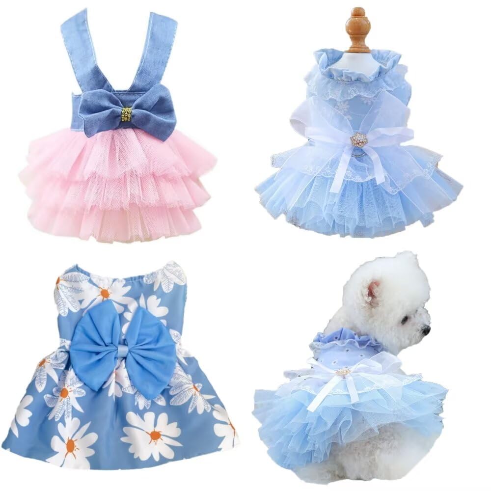 Clopon Dog Dresses for Small Girl Dogs Fancy Cat Clothes Dogs Tutu Dress Princess Blue Wedding Party Costumes M
