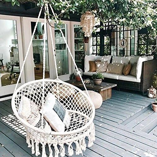 Sonyabecca Hammock Chair Macrame Swing 265 Pound Capacity Handmade Knitted Hanging Swing Chair for Indoor/Outdoor Home Patio Deck Yard Garden Reading Leisure Lounging (Not Included Cushion or Pillow)