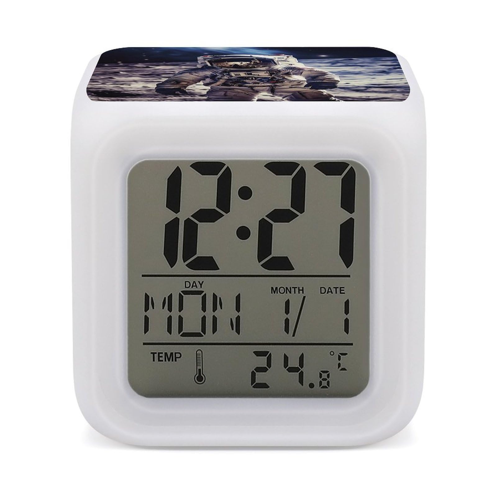 Reloj despertador de luna de viaje astronauta pantalla digital de temperatura y luces LED