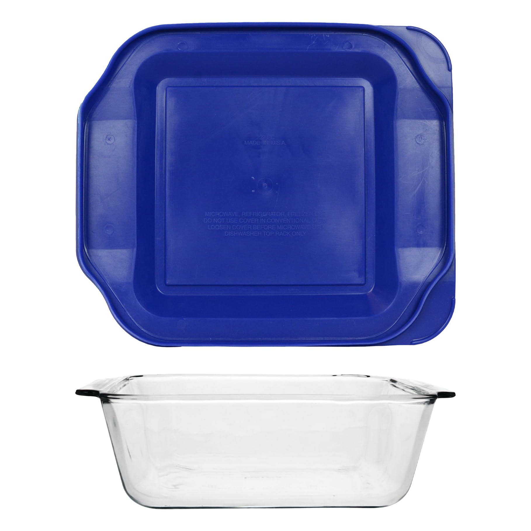 Pyrex 222-D 2,5 Qt tiefe Glas-Backform und 222-teiliges blaues Deckel, hergestellt in den USA