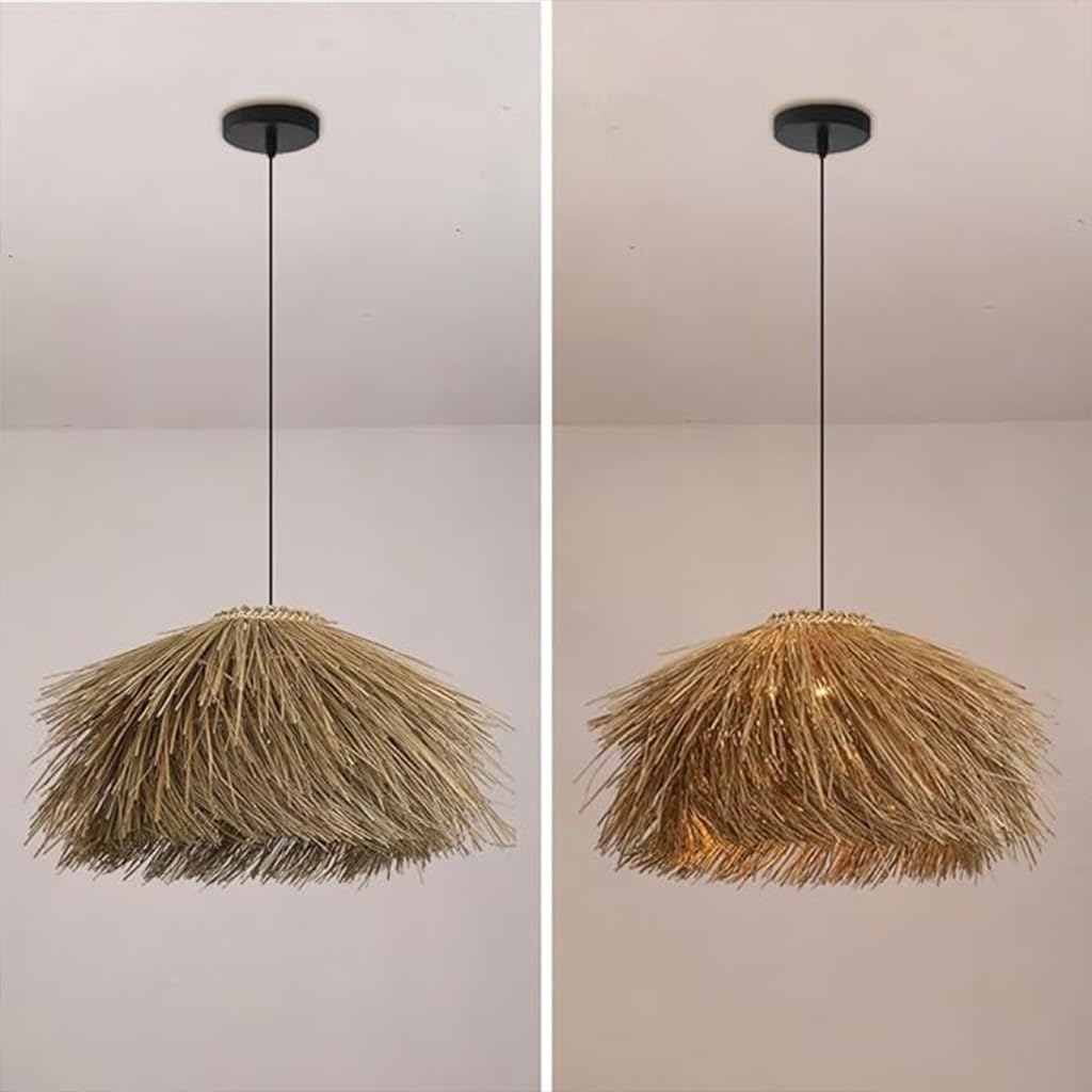 Pendelleuchte E27 Kreative Hängeleuchte Aus Rattan Handgewebt Hutform Vintage Bohemian-Stil Höhenverstellbare Deckenlampe Esstisch Lamp Für Esszimmer Wohnzimmer Schlafzimmer